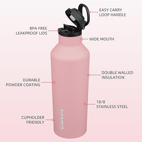 Miniatura 2 de BJPKPK Botella de agua aislada con pajilla, botellas de agua de acero inoxidable de 25 onzas con 2 tapas y asa de transporte, botella térmica