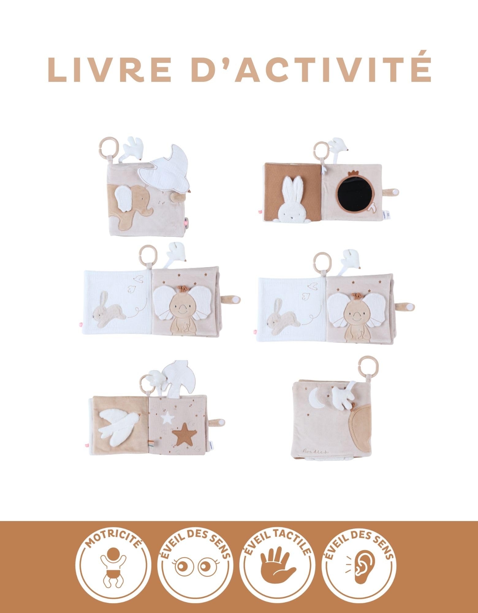 NOUKIE'S - Livre d'activités en peluche - Jouet d'éveil pour bébé - Bali, Moka & Snow - Idéal cadeau