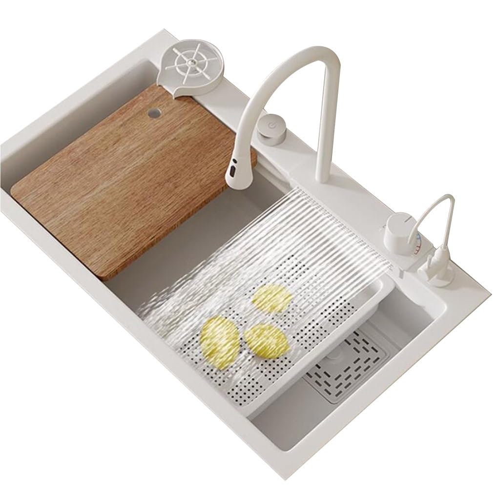 Cocina Hermoso, Sencillo e Innovador Fregadero de Cascada Fregadero de Acero Inoxidable Blanco de un Solo Tazón Lavado de Frutas y Verduras Vajilla Piscina de Agua Fregadero Multifuncional Fregadero