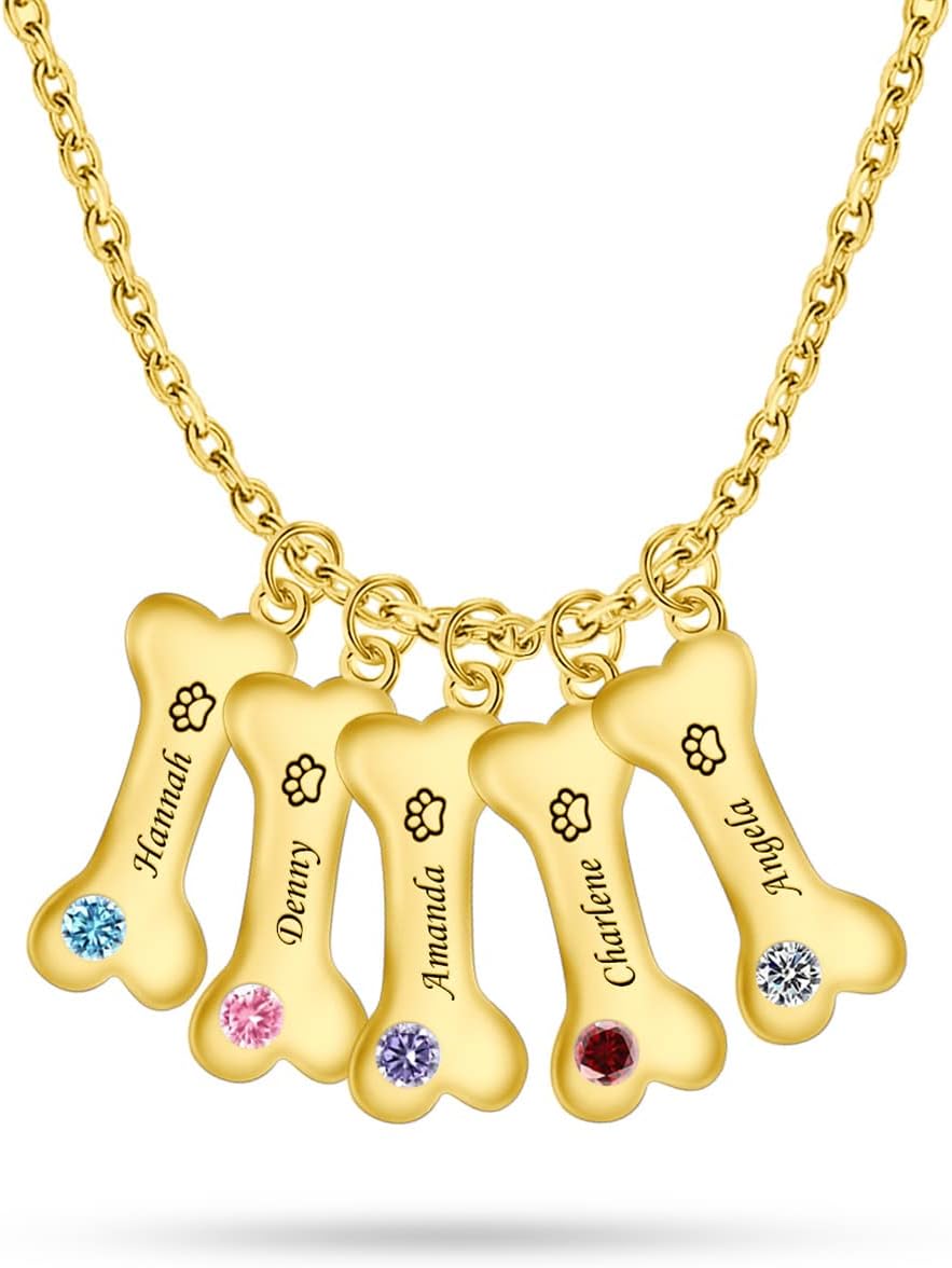 Custom Bone Necklace Engraved 1-5 Names Personalized Dog Pendant With Paw Print Birthstone for Dog Lovers