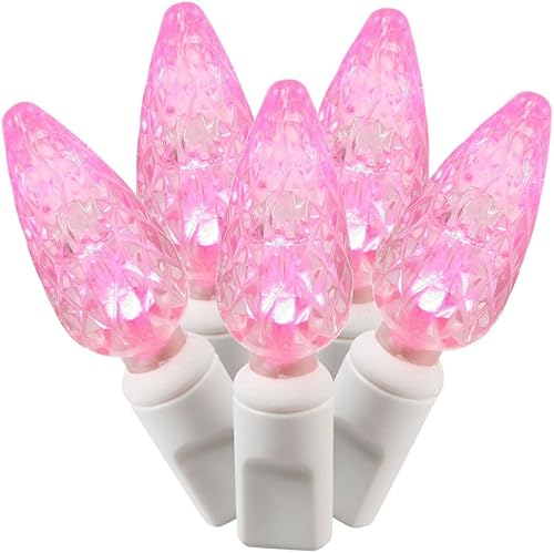 Vickerman Juego de luces LED C6 de 100 luces rosas en cable blanco