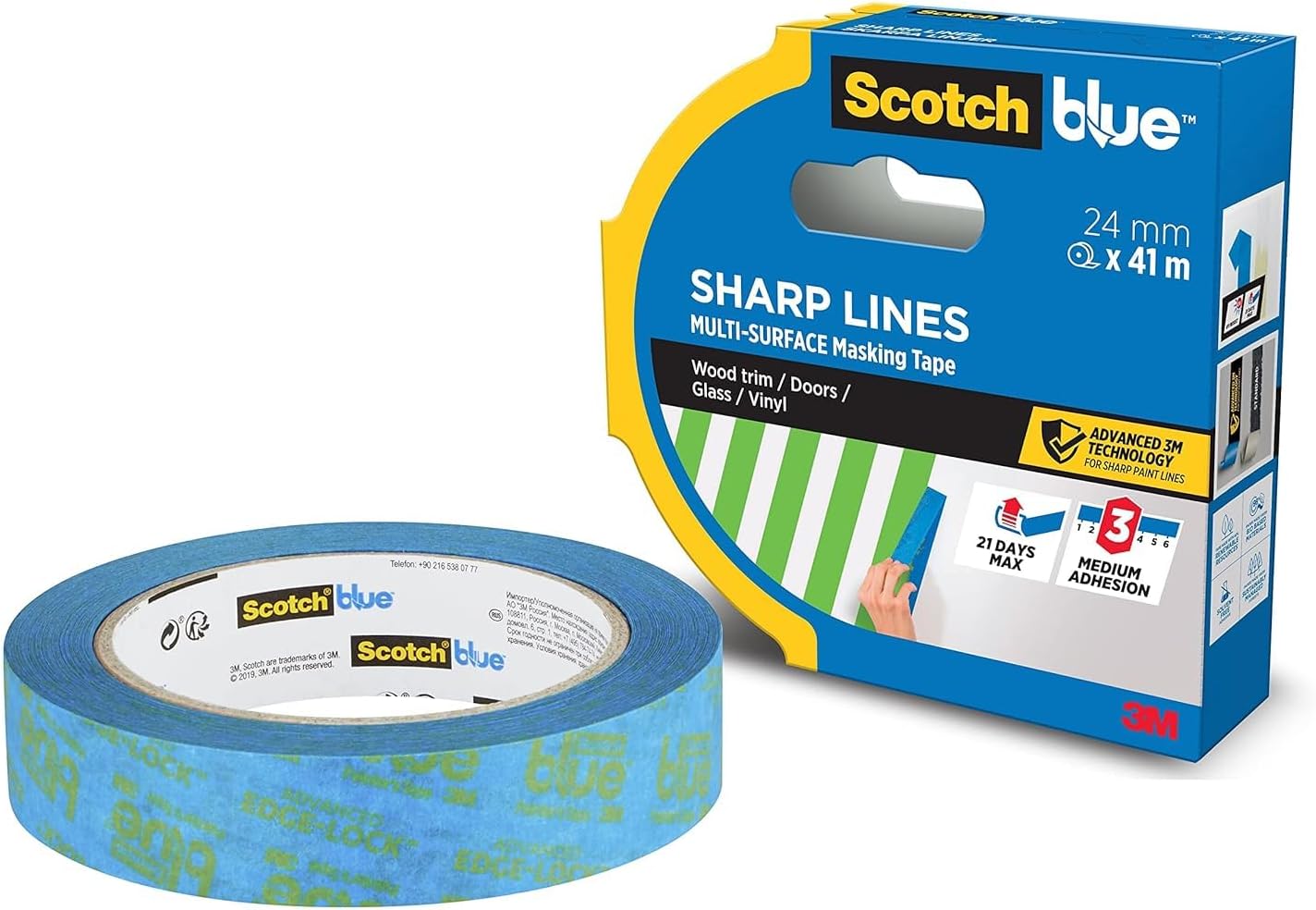 Scotch Blue Premium Masking Tape Sharp Lines 24mm x 41m, 1 roll/pack | For general masking and protection purposes | high adhesion| Blue color | For Skirting Boards Doors Windows or Vinyl