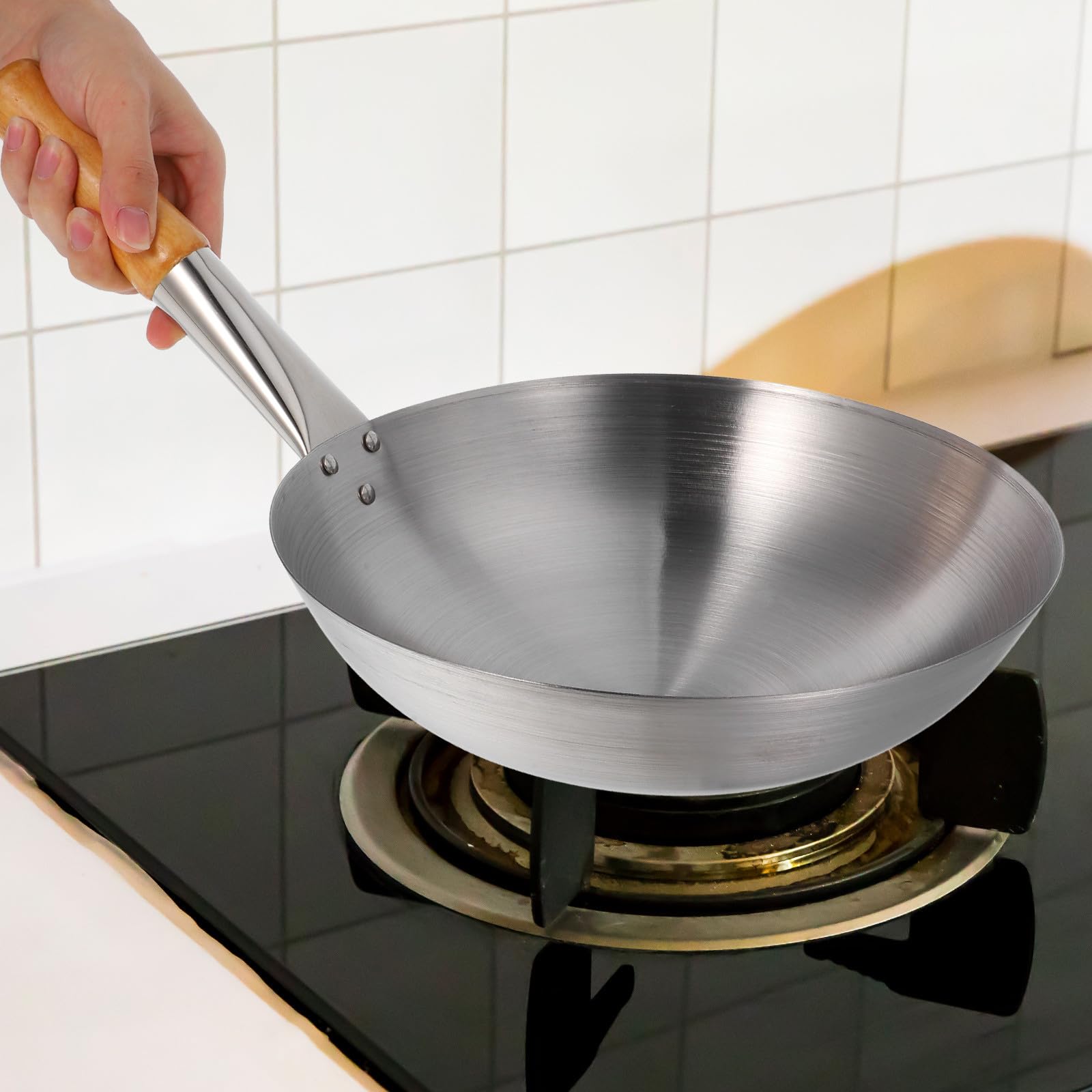 Wok Friggere Verdure per Resistente alla Corrosione in Acciaio Inossidabile Manico Singolo Ergonomico Argento Uso Quotidiano Cucina