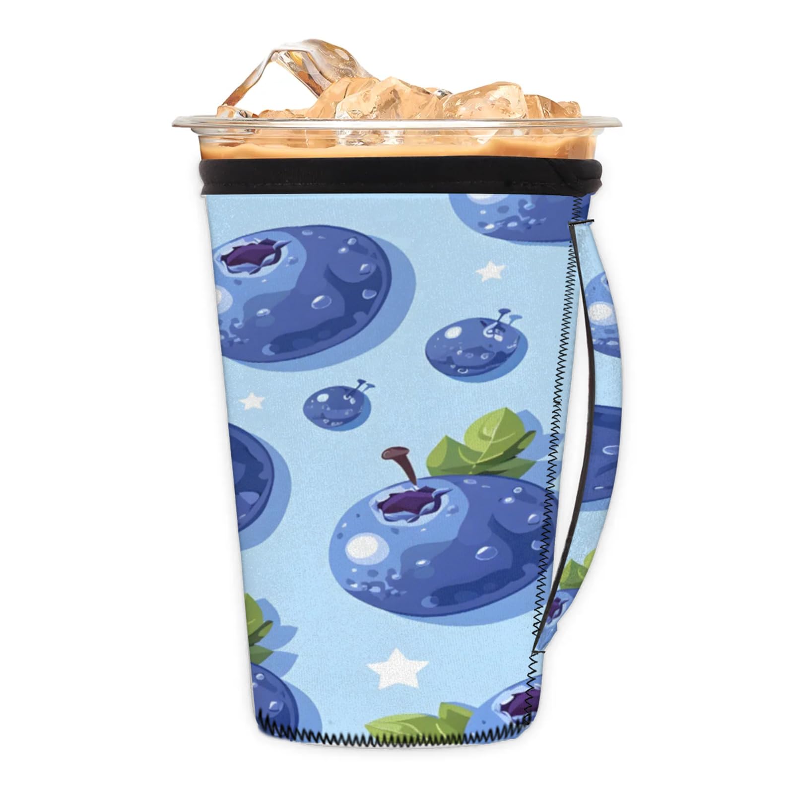 Watercolor Blueberry Reusable Neoprene Coffee Sleeve with Handle Insulated Iced Coffee Cup Holder Reduces Condensation Fits 24-28 oz Cups M