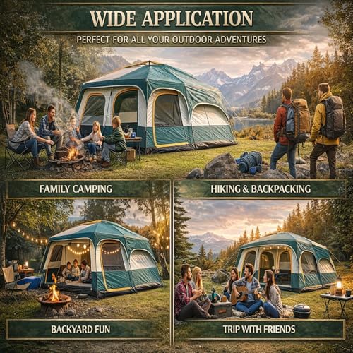 Image of Large Camping Tent for 9-12 Person Spacious Outdoor Tent House For Hiking Waterproof Dome Portable Spacious Camping Tent Perfect for Hiking Travel,Trekking&Outdoor Adventures( 410*305*200cm)