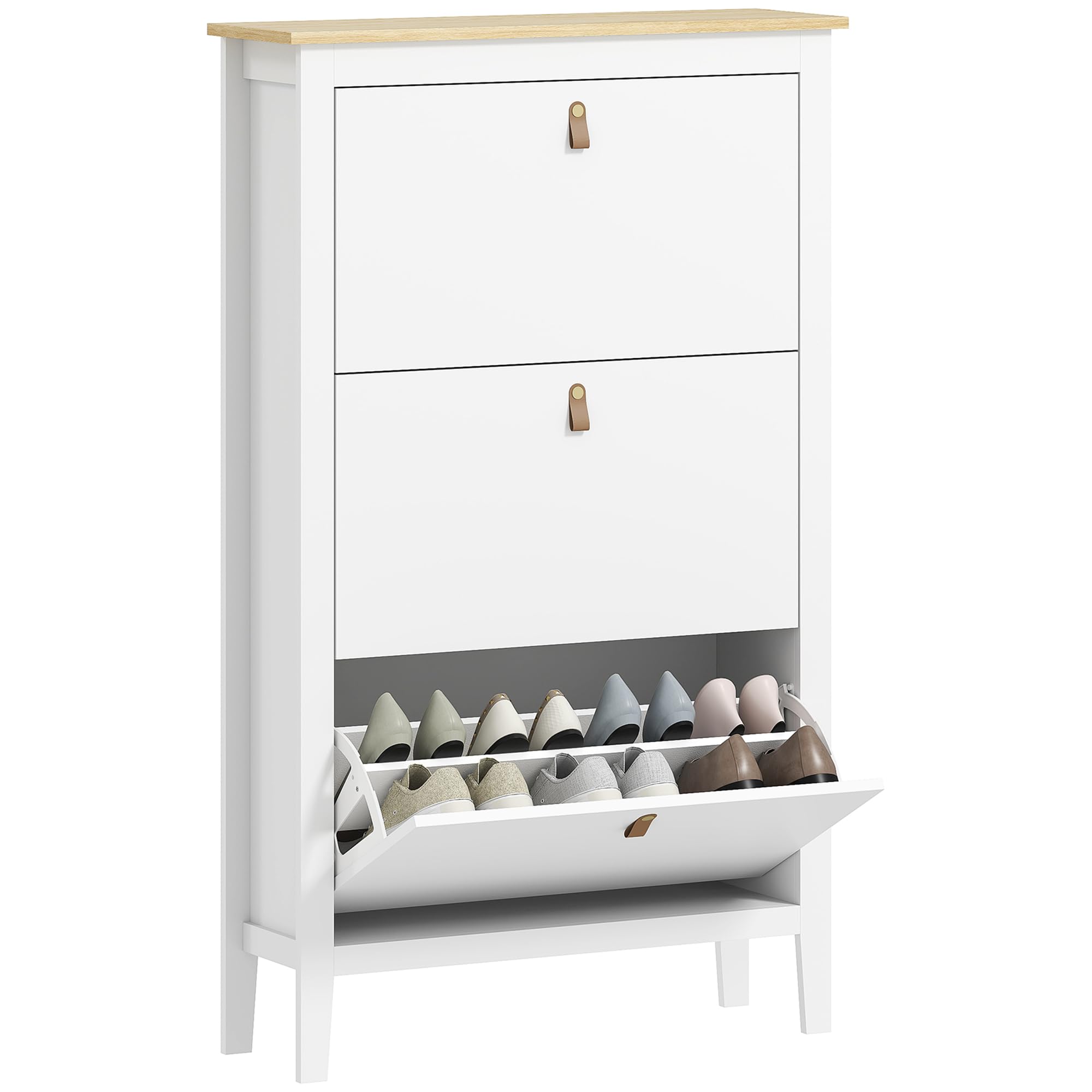 HOMCOM Mueble Zapatero Estrecho Zapatero Entrada Recibidor con 3 Cajones Abatibles Estantes Ajustables y Tiradores de PU para 21 Pares de Zapatos para Pasillo 80x24x131 cm Blanco