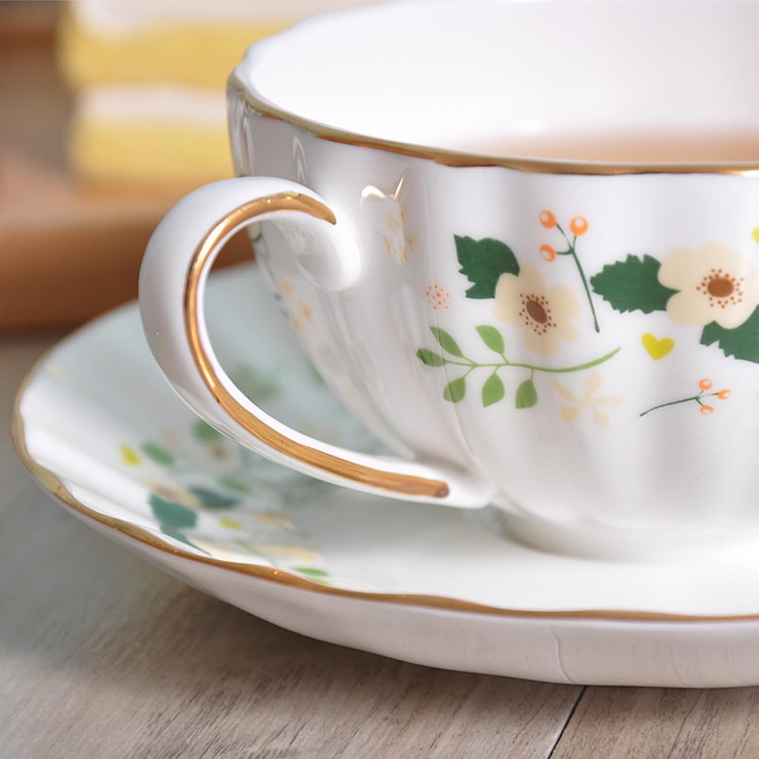 Lyellfe Set of 2 Tea Cup and Saucers, 6 Oz Floral Tea Cups with Spoon Gold Trim, Porcelain Bone China British Coffee Cappuccino Espresso Latte Mugs for Party Birthday Wedding Gifts - Image 3