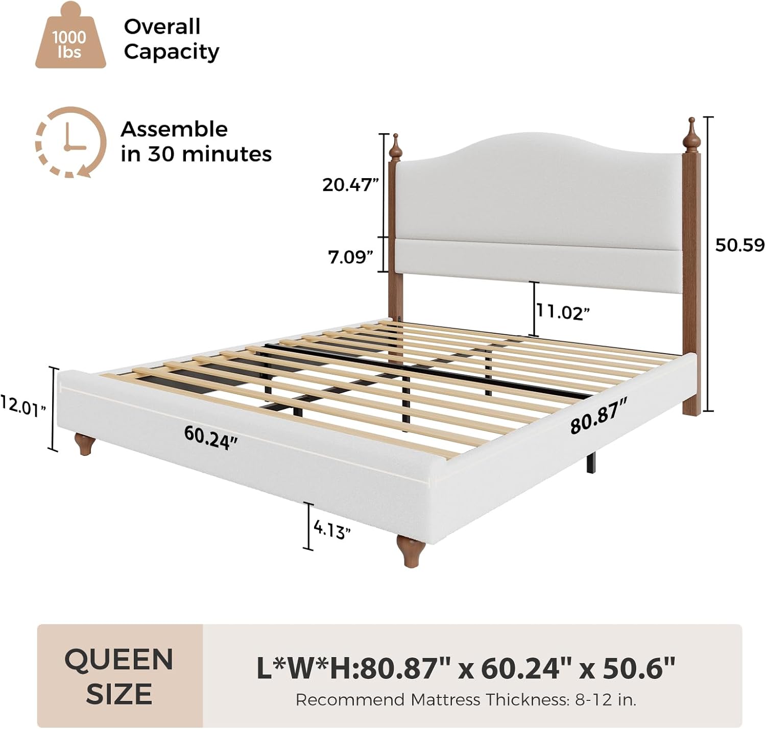 Queen Size Bed Frame with High Headboard, Upholstered Teddy Velvet Platform Bedframe,Solid Wood Bedframe, Soft Cloud Bed Frames with Gourd Legs, Upholstered Retro Bed Frame, Easy Assembly, White