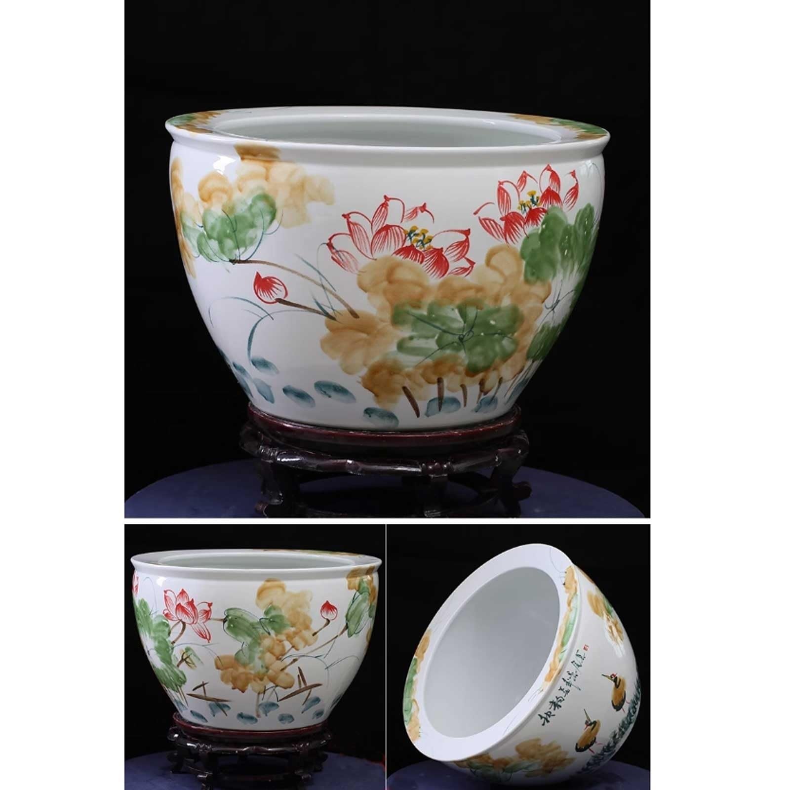 Aquarium Réservoir de Poissons en céramique Blanche avec Peinture Traditionnelle Chinoise Feng Shui for Salon for Tortues Base Bois(53x53x33cm)