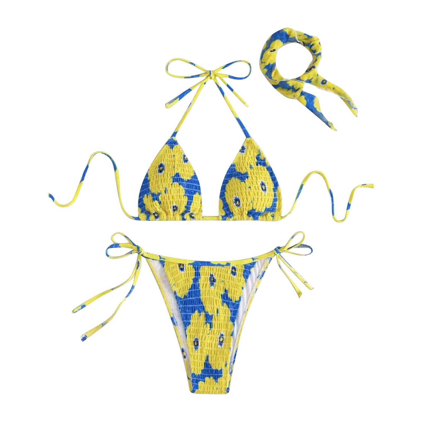 GenericGerenic Womens Sexy Halter Neck Bikinis Set Sexy Straps Swimsuits High Cut Thong Knotting Swimwear Low Waist Lacing Bikinis Suit Yellow