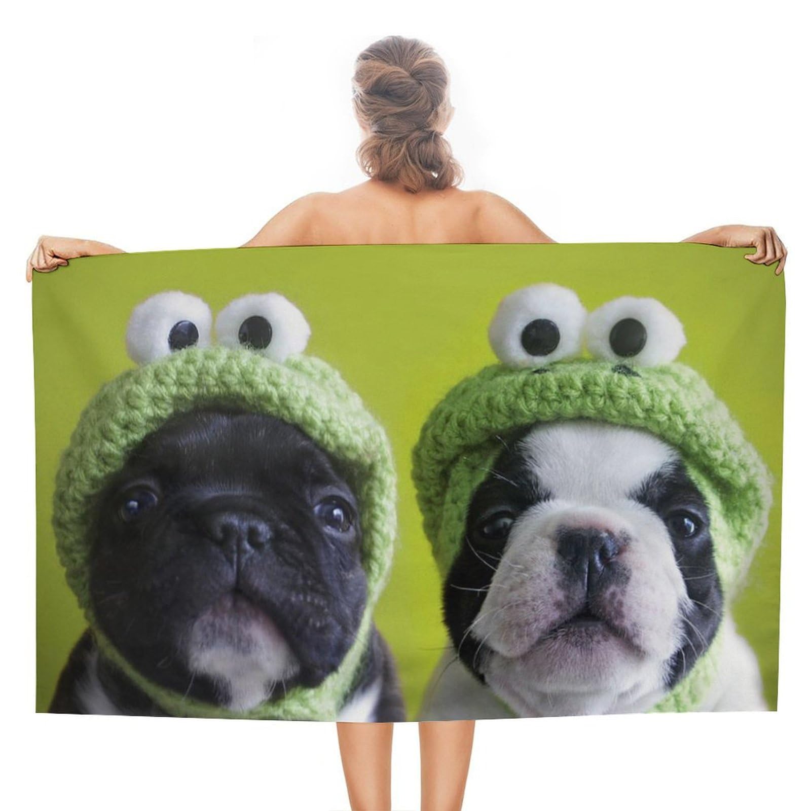 LEDFCVSU Beach Towel, French Bulldog with Frog Hat Bath Towel, Absorbent Towel for Swimming, Sports, Travel