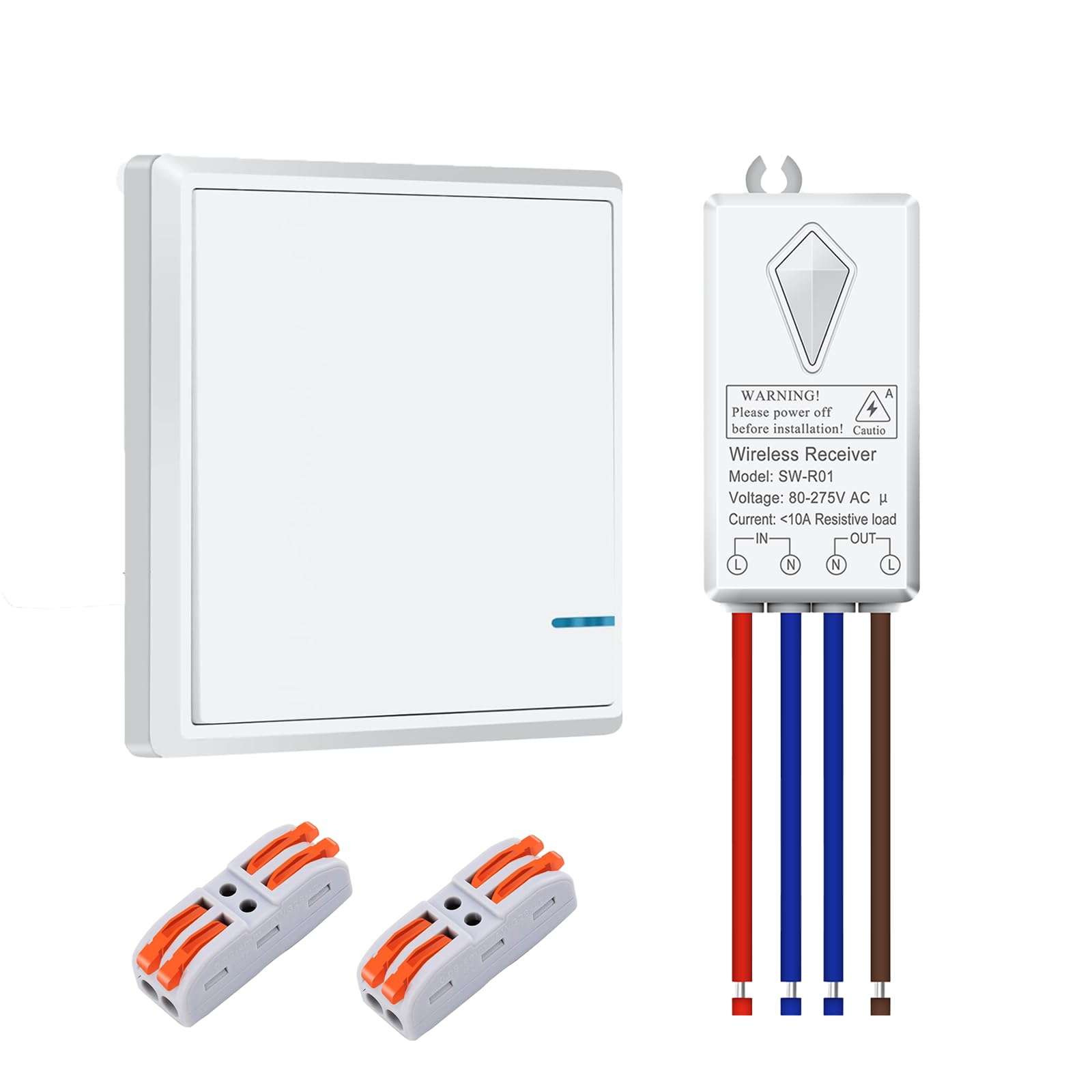 NineLeaf Wireless Light Switch Kit, 80~275V Remote Light Switch with 10A Receiver, LED Indicator, Silent Button, IP66 Waterproof, V0 Fireproof, Programmable, Easy Install, Works with Most Lights