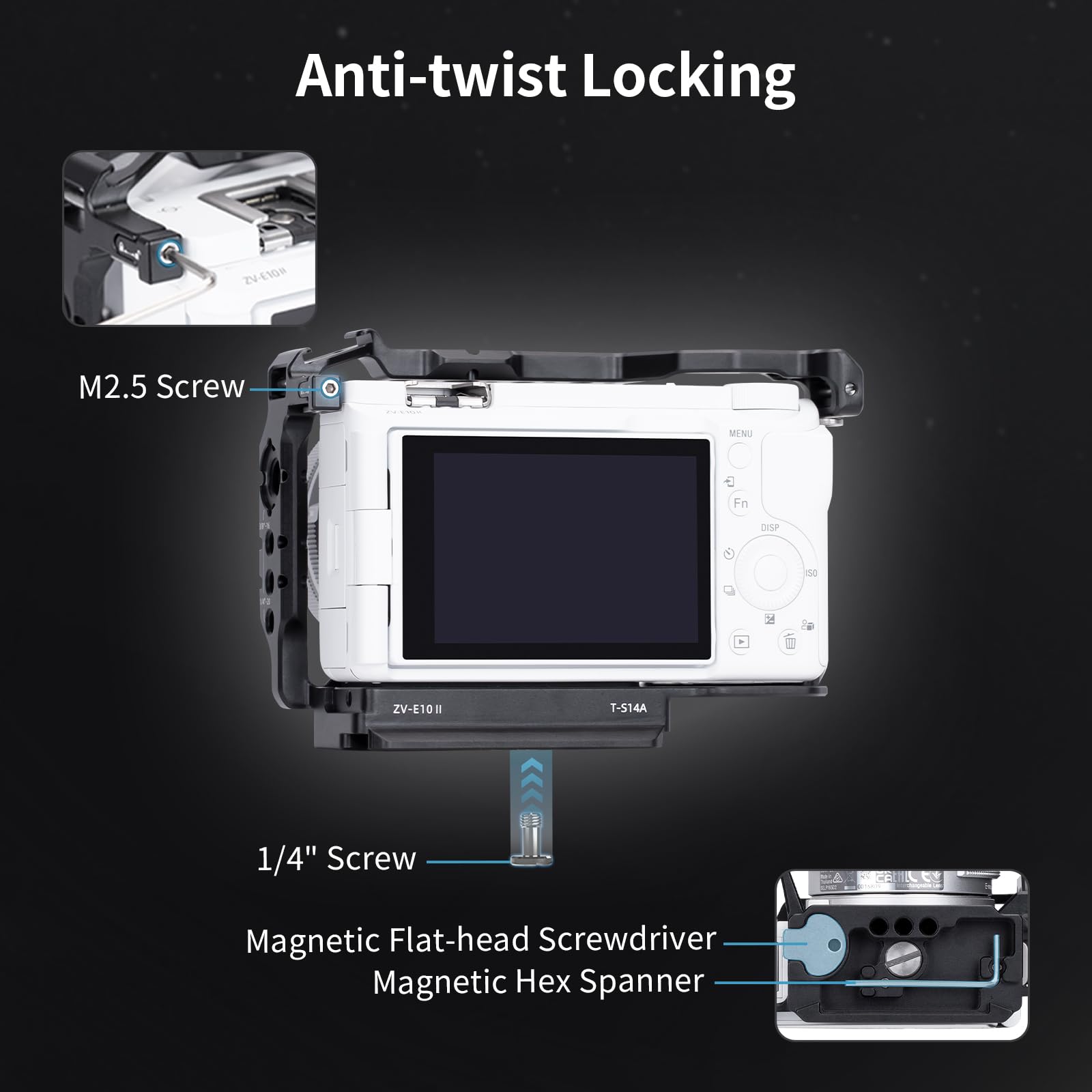 Nitze ZV-E10 II Cage, gabbia per fotocamera Sony ZV-E10 II, con 2 guide NATO integrate, scarpa Cold Shoe, impugnatura ergonomica, piastra a sgancio rapido per Arca-Swiss T-S14A