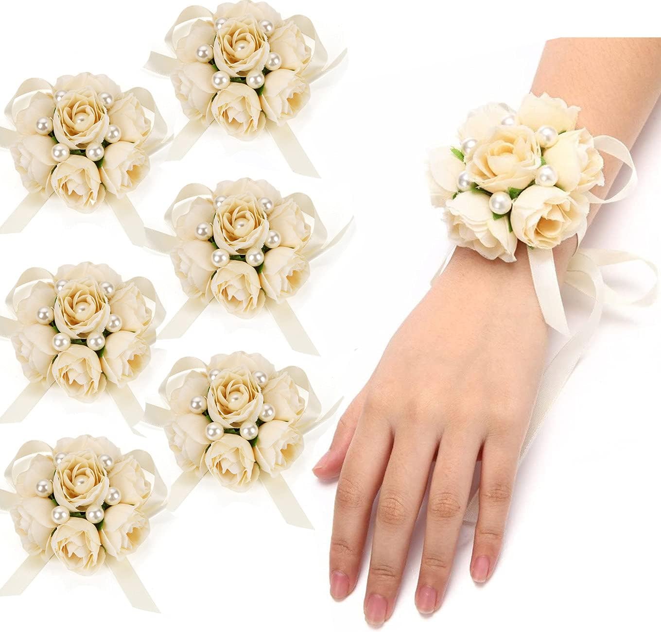 FAYBOX Girl Bridesmaid Wedding Wrist Corsage Party Prom Hand Flower Decor Pack of 6 Champagne