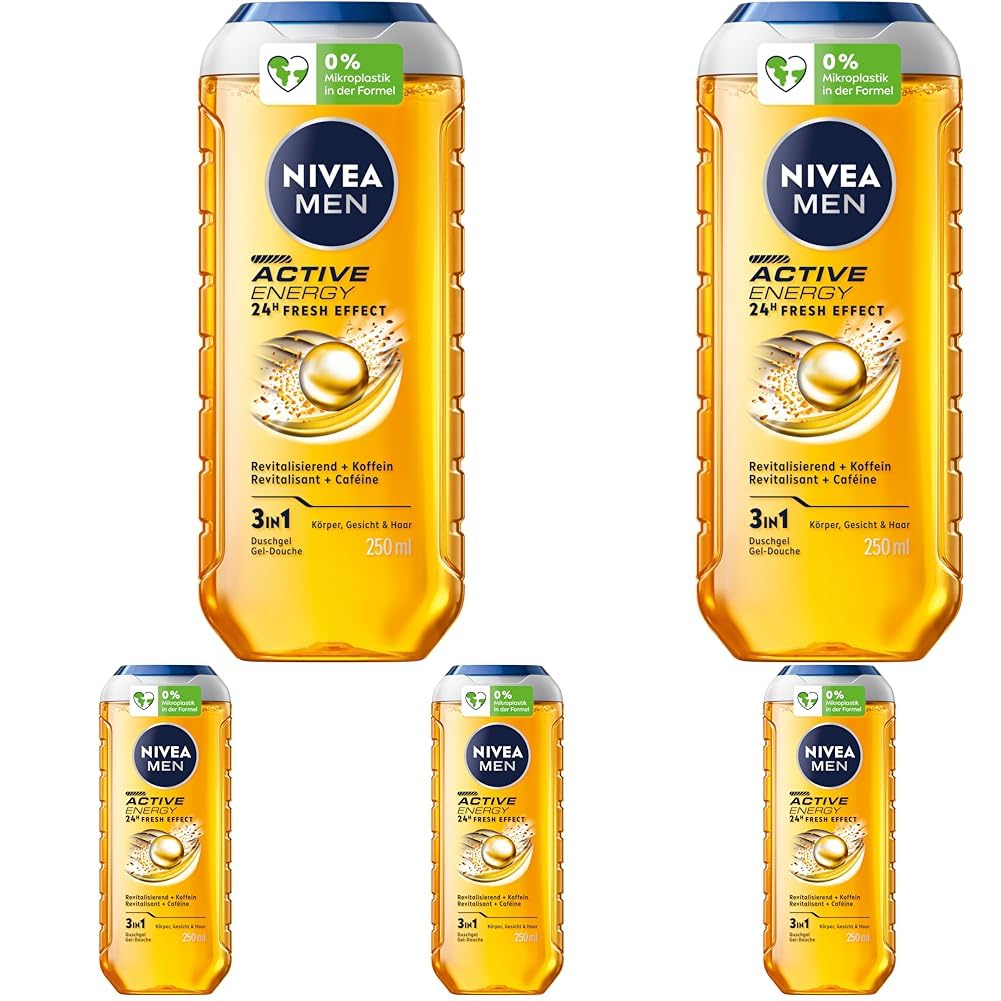 NIVEA MEN Active Energy Duschgel, pH-hautneutrale Pflegedusche mit 24h Frischeeffekt für Männer, revitalisierende Formel mit Koffein für Körper, Gesicht und Haar (250 ml) (Packung mit 5)
