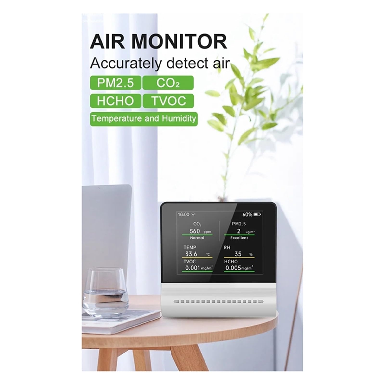Monitor jakości powietrza w pomieszczeniach 1 zestaw Monitor ści powietrza Pm2.5 HCHO TVOC Co2 Temperatura Wilgotność Wielofunkcyjny pojemnościowy ekran dotykowy do domu, kuchni, biura, samochodu