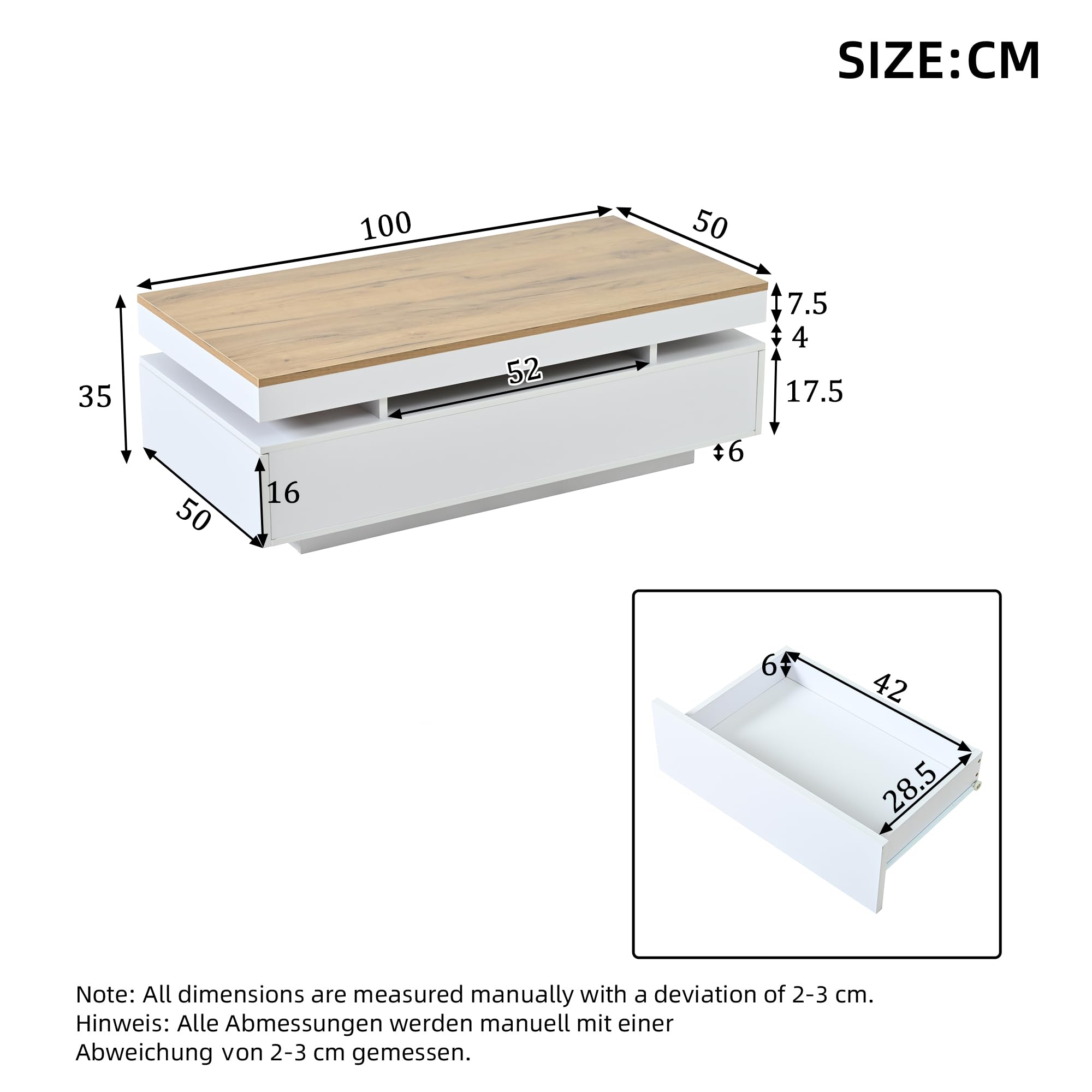 SACOOL 100 x 50 x 35 cm Mesa de centro con 2 cajones, mesa auxiliar LED de alto brillo, mesa de té, mesa de sofá, mesa de salón, mesa de café, color blanco + tono de madera, blanco, madera