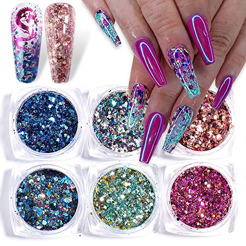 Holographic Nail Glitter for Acrylic Nails, 6Boxes 3D Colorful Shining Nail Sequins Set Acrylic Nail Accessories for Nail Art Holographic Nail Confetti Nail Art Supplies Powder Dust for DIY Crafts