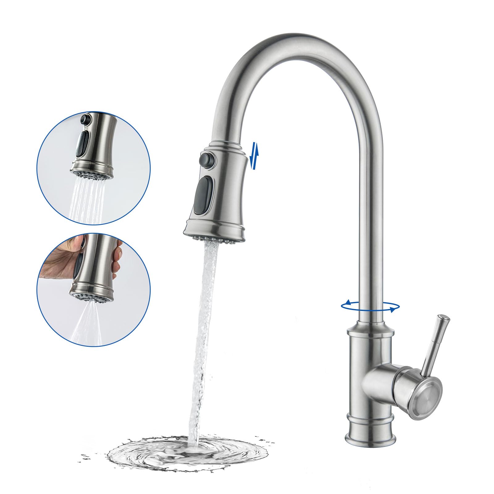 Wasserhahn Küche Vintage Brause Ausziehbar, Küchenarmatur mit 3 Strahlarten | Wasserhahn Armatur Küche LakeBayMZC Spültischarmatur 360° Drehung, 304 Edelstahl Gebürstet für Modernen Küchen Bad und Bar
