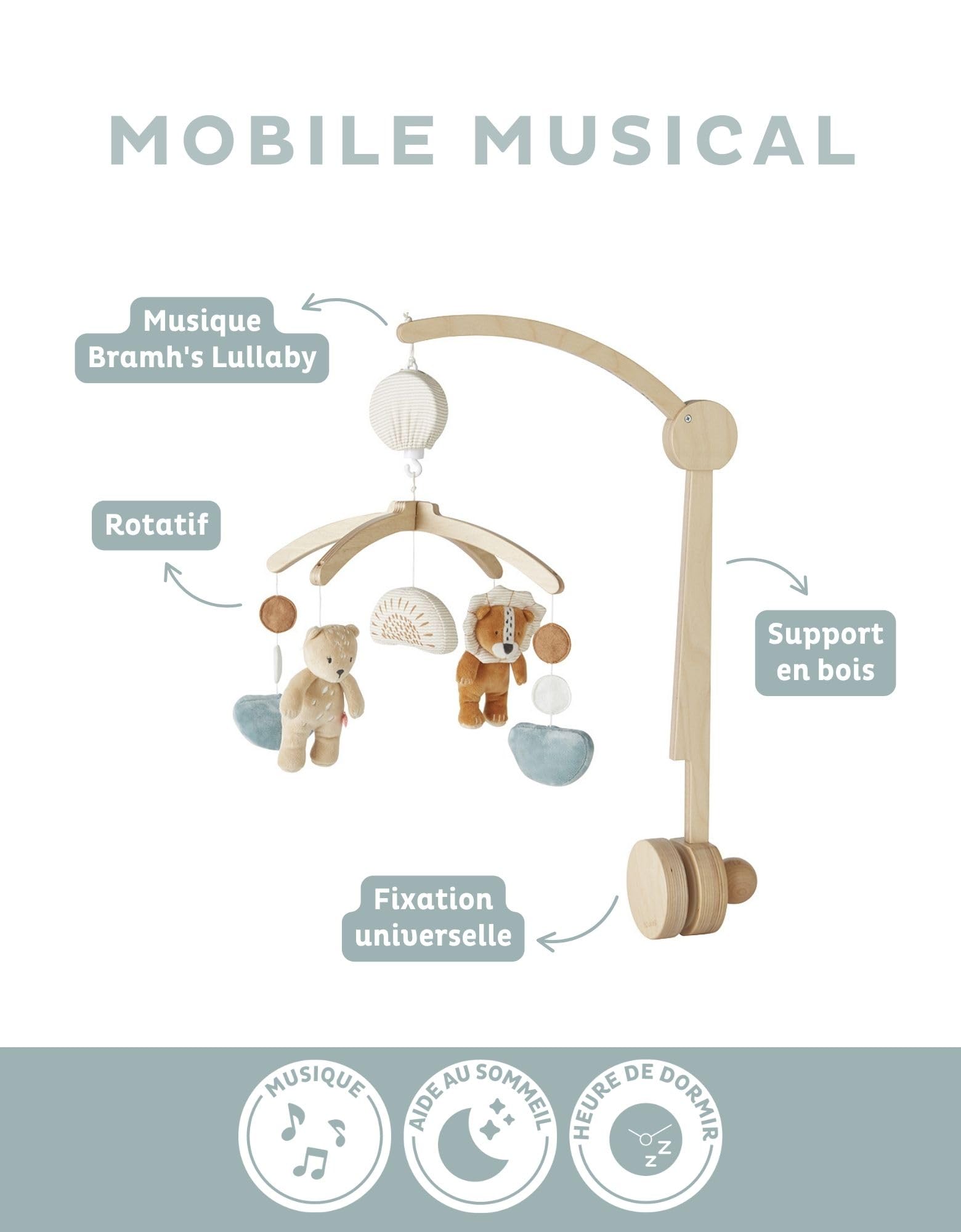 NOUKIE’S - Mobile musical en bois - Babou & Kendi - Rotation automatique sans piles - Compatible avec berceau, lit à barreaux et parc - Idéal dès la naissance pour apaiser et endormir bébé