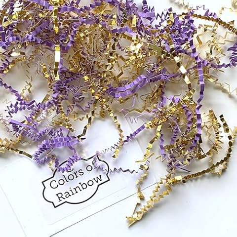 Colors of Rainbow - 3 oz - Gold & Purple - Mixed Color Shred Filler Crinkle Cut Paper for luxury Gift Box Filler Gift Basket Stuffing Shipping Packaging Craft Party Favor Bags (Gold & Purple) Cover