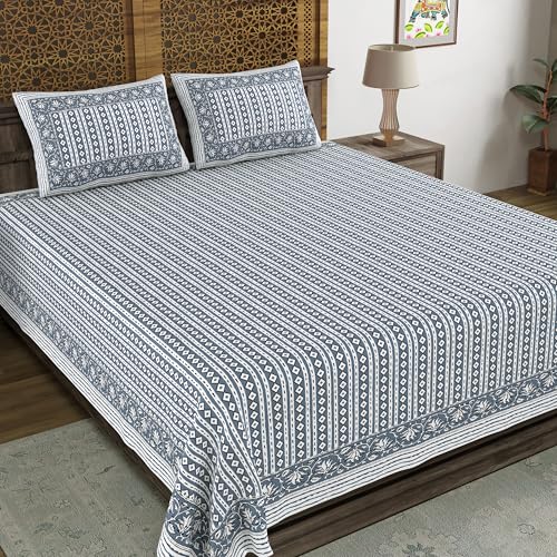 Image of BLOCKS OF INDIA Hand Block Printed 200 TC Cotton Super King Size Bedsheet (Grey LINE)