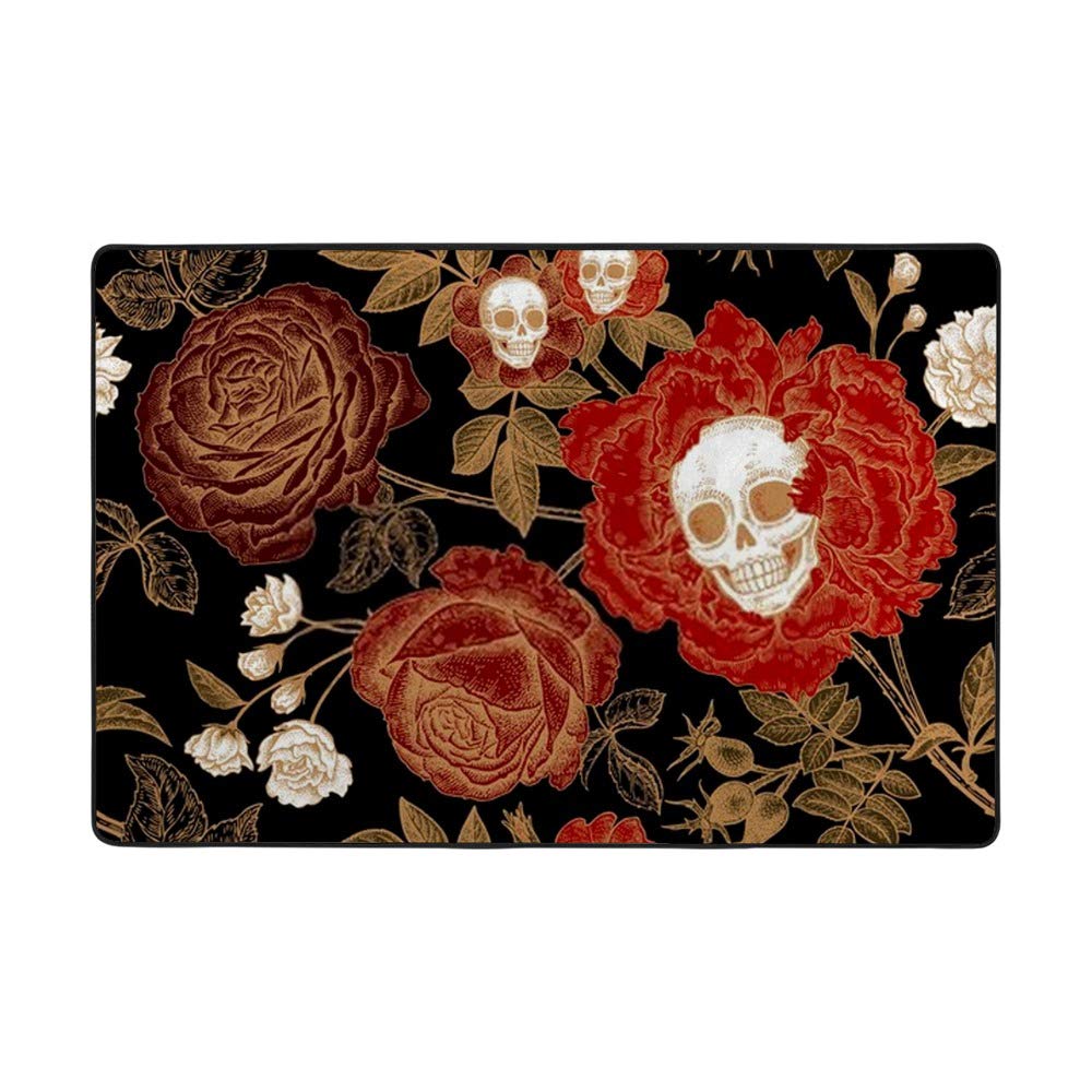 Tapis motif crânes et fleurs grand format 183x122 cm en velours doux