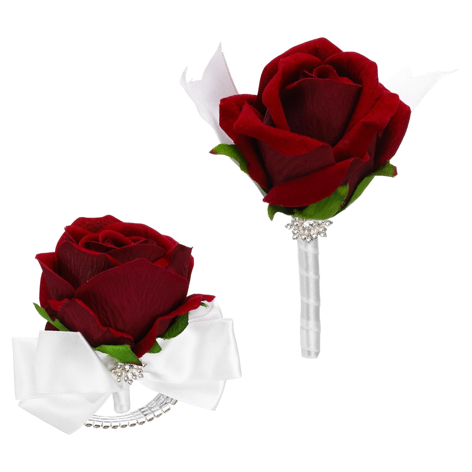 sourcing map 2Pcs Rose Wrist Corsage Boutonnieres Set, Artificial Wrist Corsages Men Boutonnieres with White Satin Ribbon Rhinestone Decor for Prom Wedding Party, Wine Red