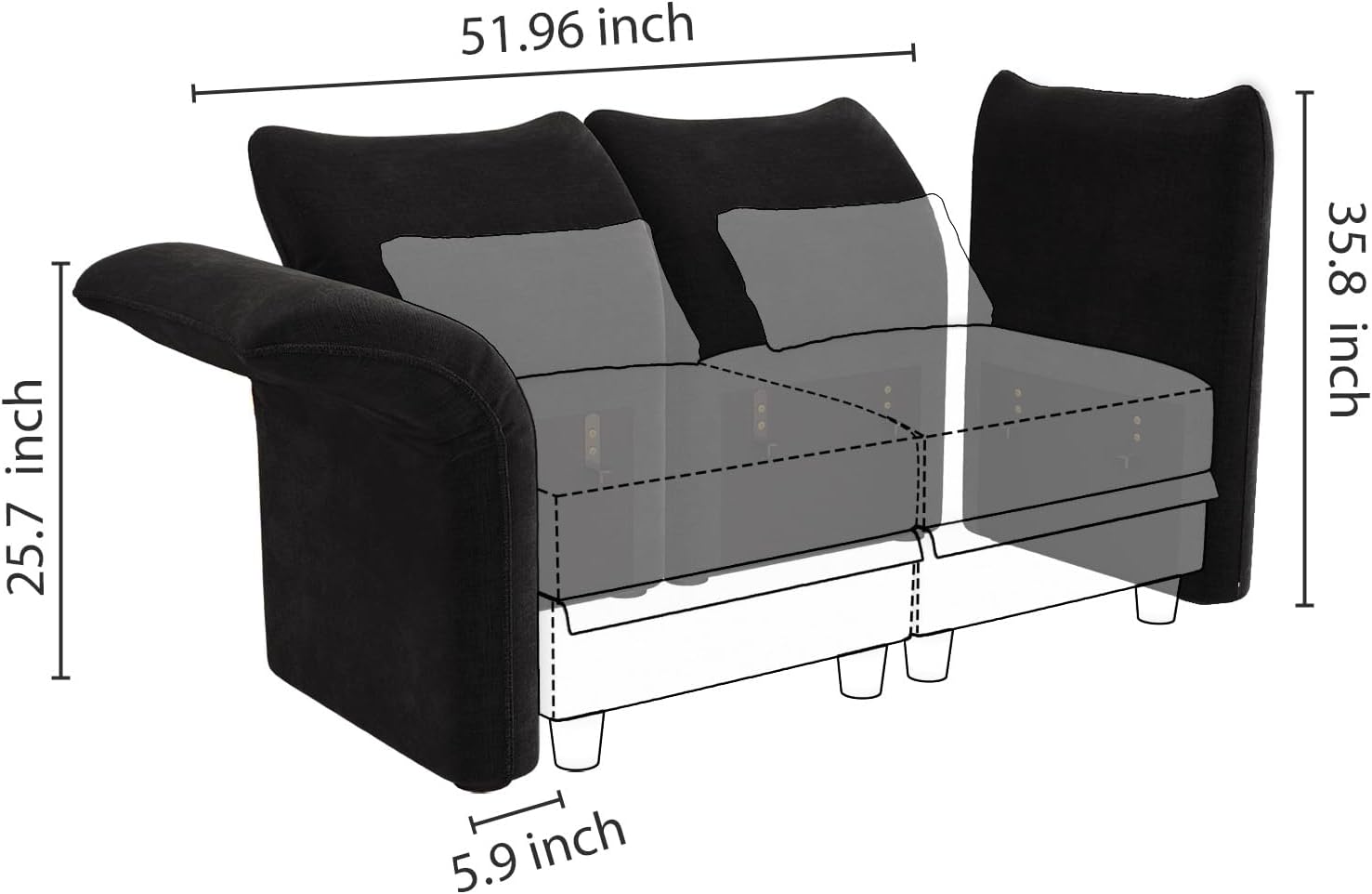 LLappuil 1 Piece Backrest for Modular Sectional Sofa Couch with Adjustable Angle, Interchangeable to Armrest, Carton E, Black Chenille | Tool Free Assembly, Flexible Layouts
