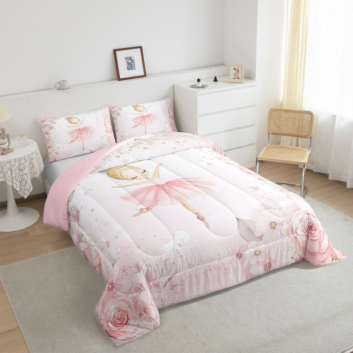 Feelyou Pink Ballet Dancer Comforter Set Twin Size Cute Flowers Bedding Set for Girls Kids Teens Dancing Girl Theme Microfiber Quilt Duvet 1 Quilt and 1 Pillowcase