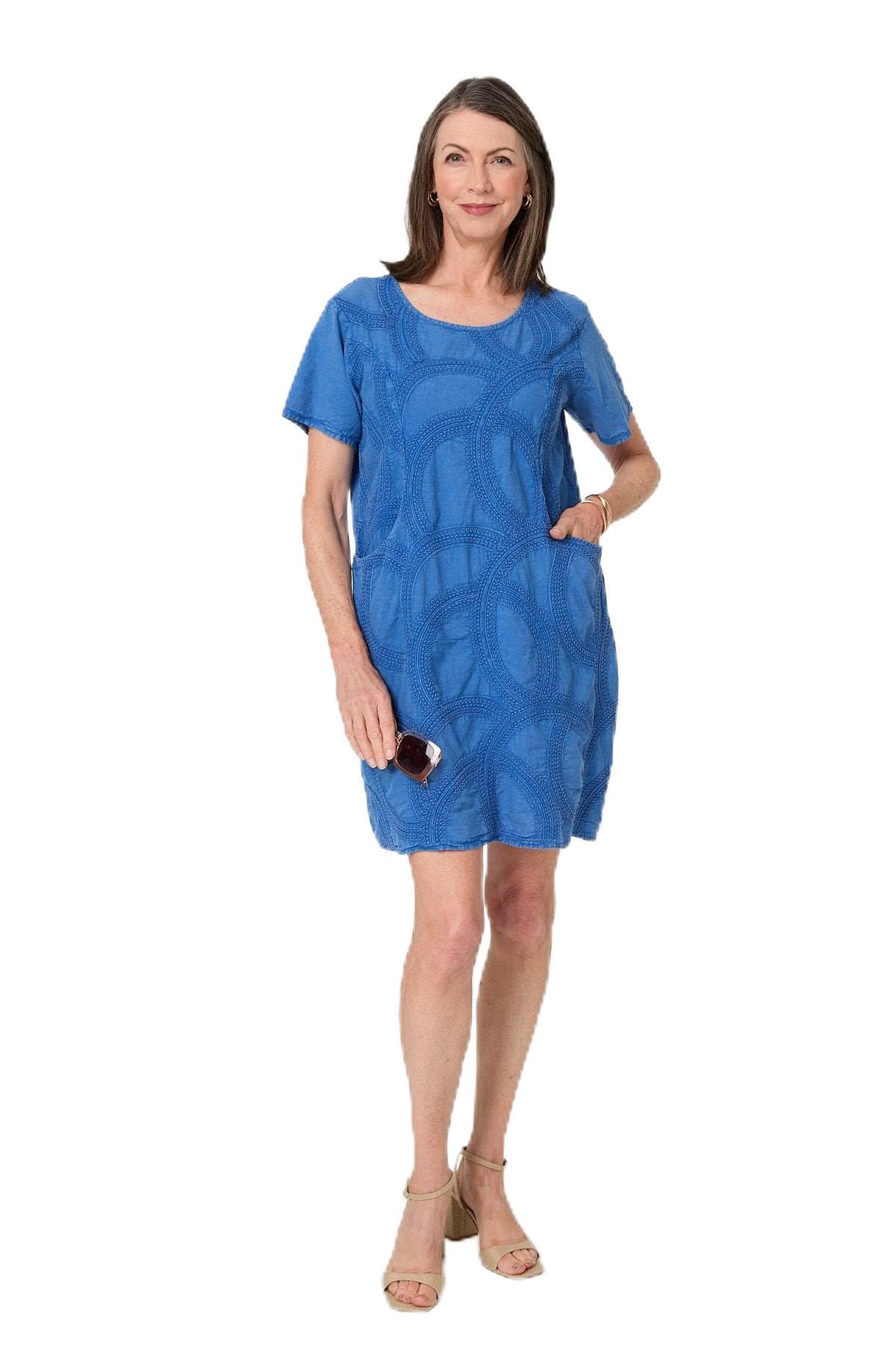 Izabel London Women's Embroidered Texture Short Shift Dress in Blue | Size: 16