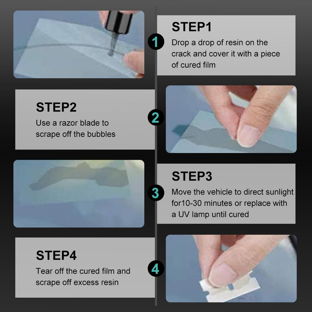 Kit Reparation Pare Brise, Liquide De Colle De Réparation De Vitres De Voiture, Kit de Réparation de Fissures de Pare-Bris, Windscreen Glue pour Verre Fissures, Toile D'araignée, étoile, Entaille - 5