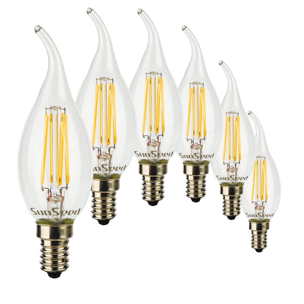 SUNSEED 6 X E14 6W (Equivalent to 60W) Sapphire Filament LED Flame Light Bulb C35TA Neutral White 4000K, Pack of 06
