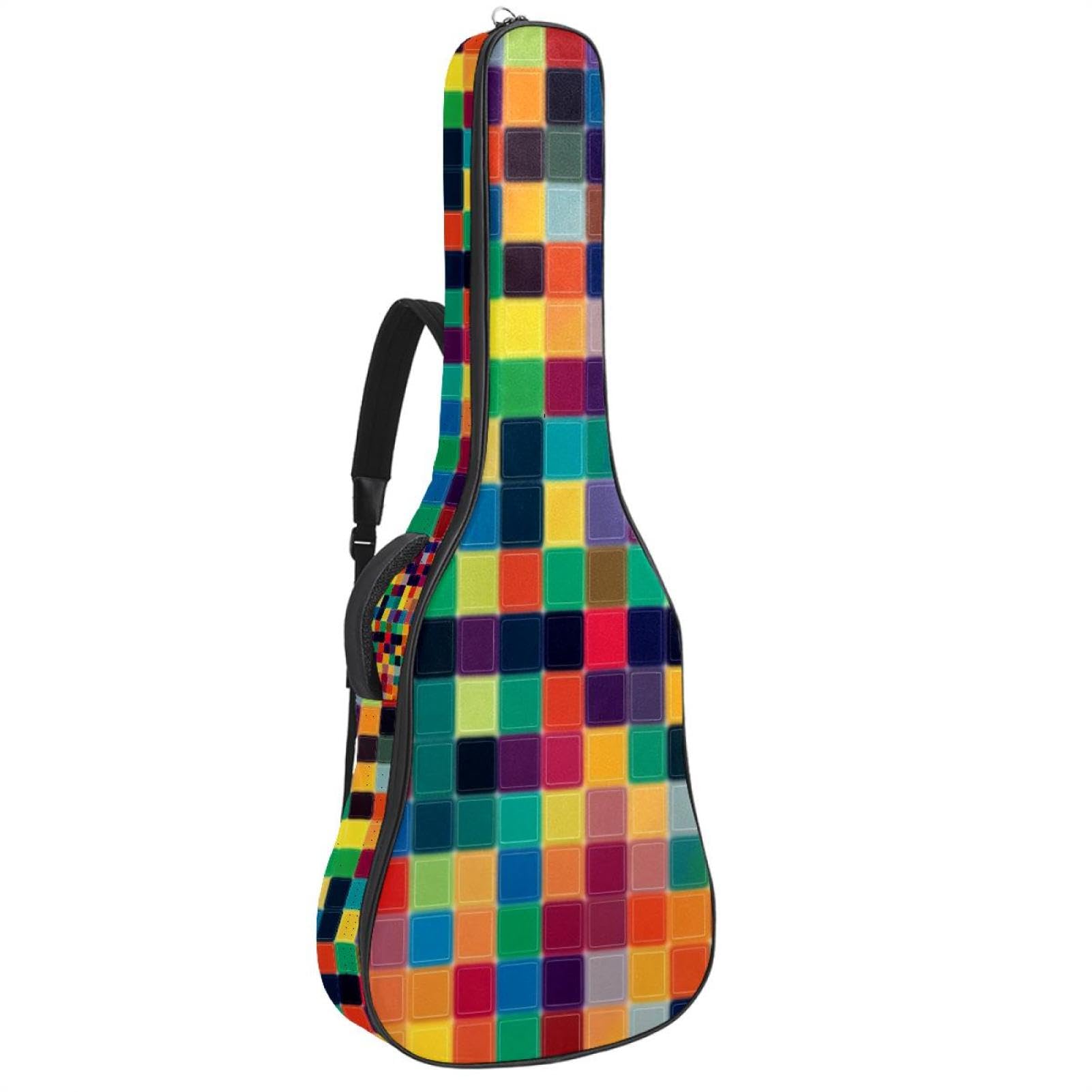 Seamless Colorful Squares Pattern Acoustic Guitar Gig Bag, 1 cm Thick Padding Waterproof Guitar Case Backpack with Dual Adjustable Shoulder Strap for 40-42 Inch Guitar