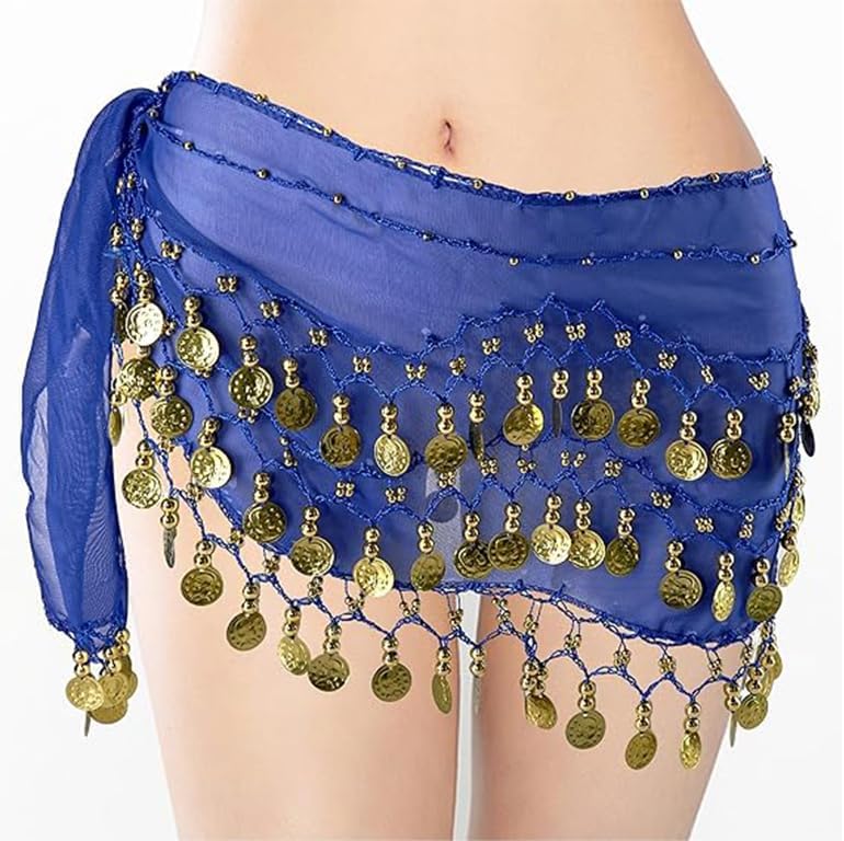 2-Piece Belly Dance Hip Scarves with 128 Gold Coins, Belly Dance Skirt, Women's (Black, Blue) - Image 2