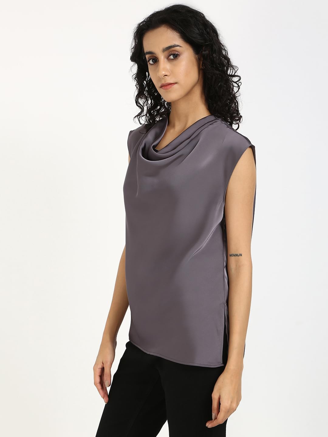 Calvin Klein Satynowa bluzka damska z dekoltem w łódkę z satynową bluzką, Szary, XS