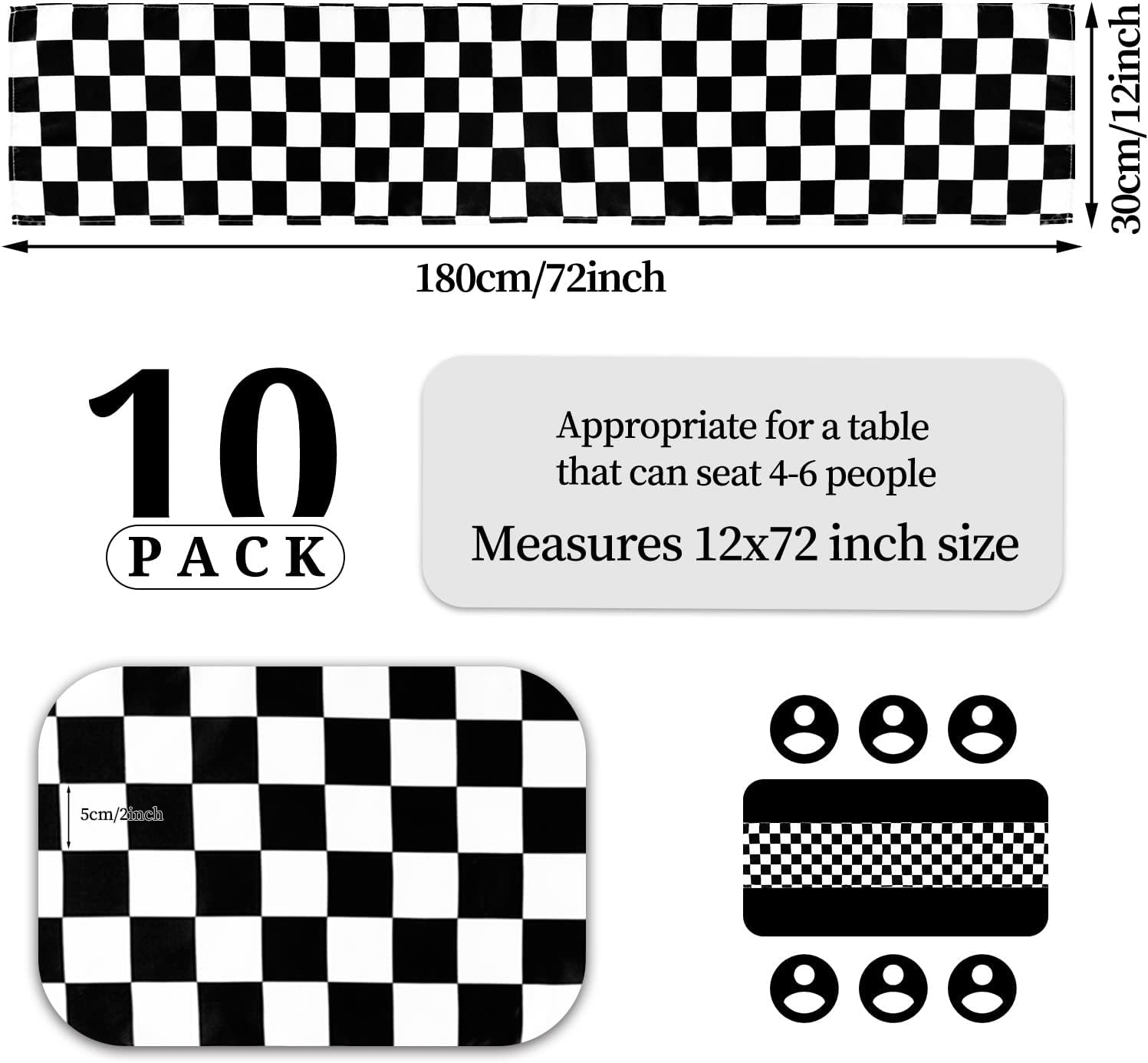 10 Pack Checkered Table Runner Polyester Table Decor Classic Black and White Checkerboard Table Runner for Indoor Outdoor Wedding, Birthday Parties, Fit Rectange and Round Table(12 x 72 Inch)