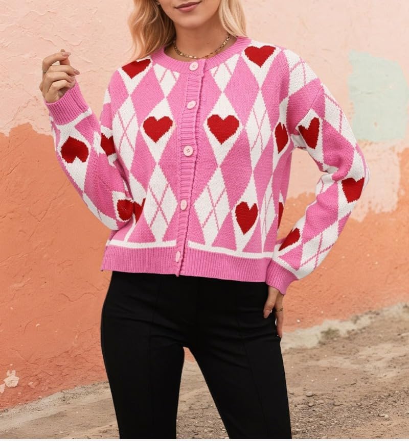 Valentines Day Sweater for Women Argyle Love Heart Fall Winter Button Down Cropped Knit Preppy Cardigan Cute Clothes - Image 6