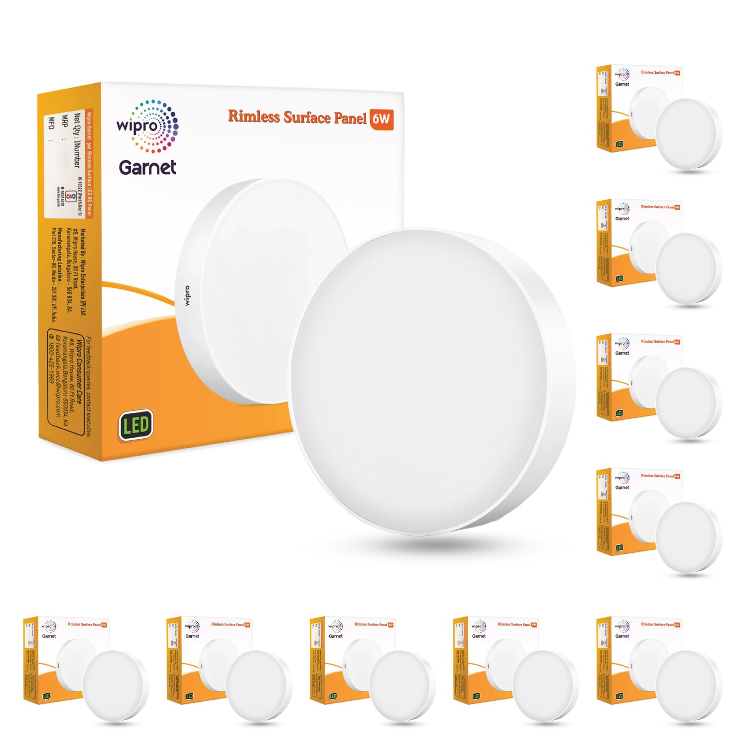 Wipro Garnet 6W Rimless Round Led Surface Panel | Cool White Light (6500K) | Elegant Rimless Design for Wider Spread of Light | Surface Mounted Led Down Light for Ceiling | Pack of 10