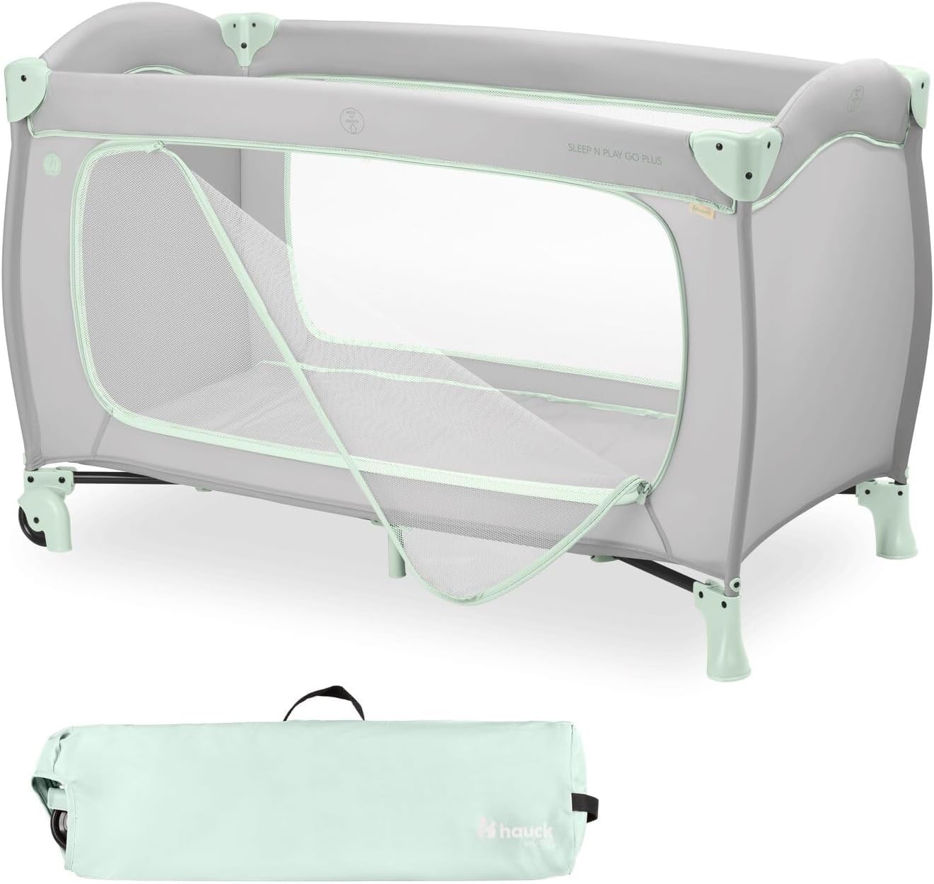 Hauck Baby Umbrella Bed Sleep N Play Go Plus, Large Side Opening for Playing, Foldable, Compact, Carry Bag, Newborn to 15kg, Dusty Mint