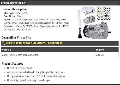 Kit de compresor de A/C - Compatible con Chevy Suburban 5.3L V8 2015-2016 con CA trasera