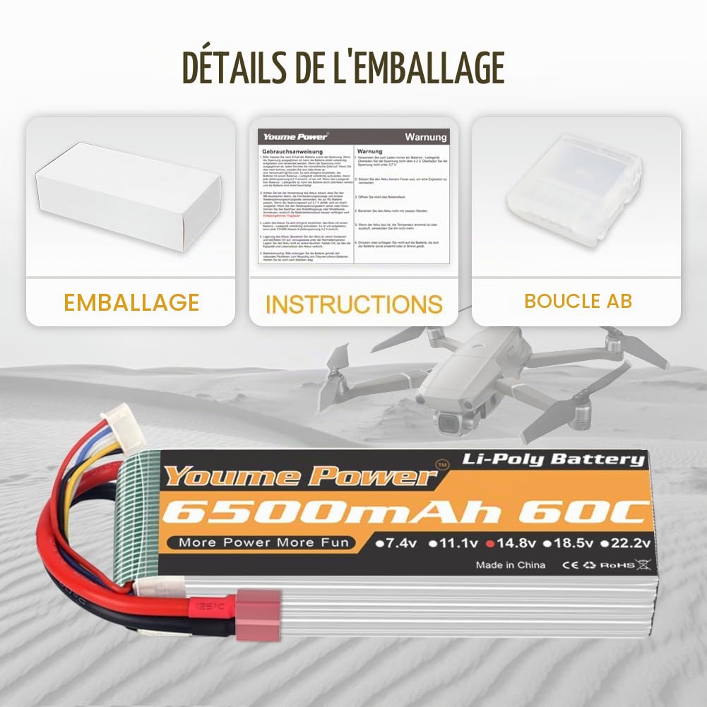 Youme Batterie LiPo 4S 14.8V 6500mAh 60C Prise T pour RC Voiture Camion 2pc