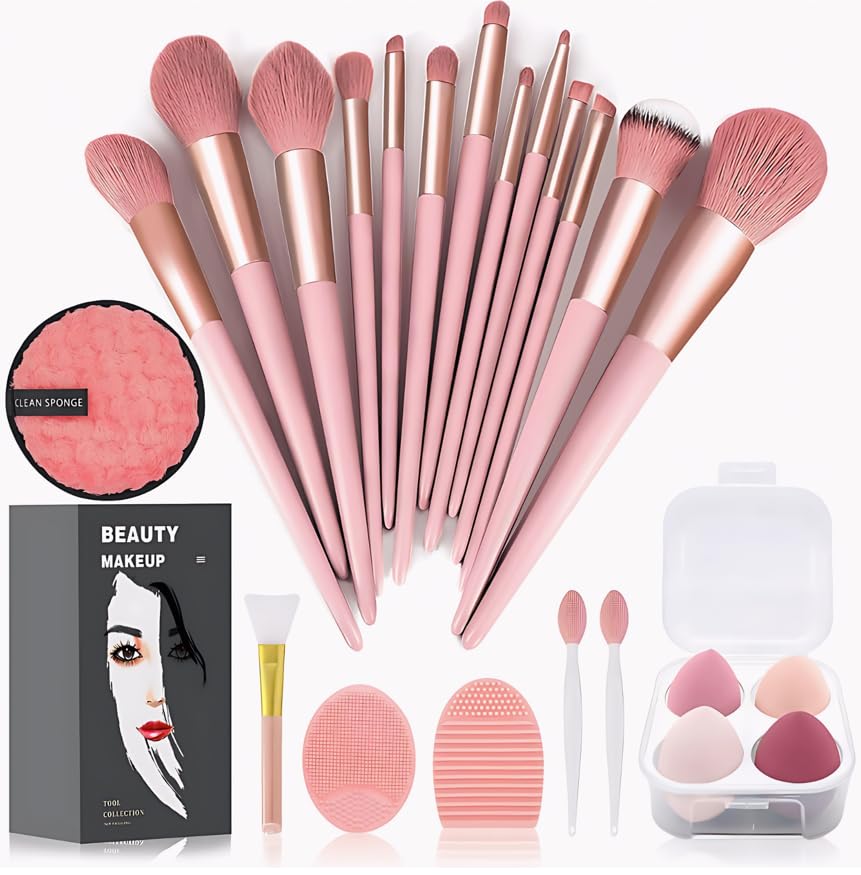 Image of 23 Pcs Makeup Brush Kit, Foundation Brush Eyeshadow Brush, Makeup Sponge Puff Set, Makeup Remover Pads (Green, 23 Piece Set) (23 Set Pink) (PINK)