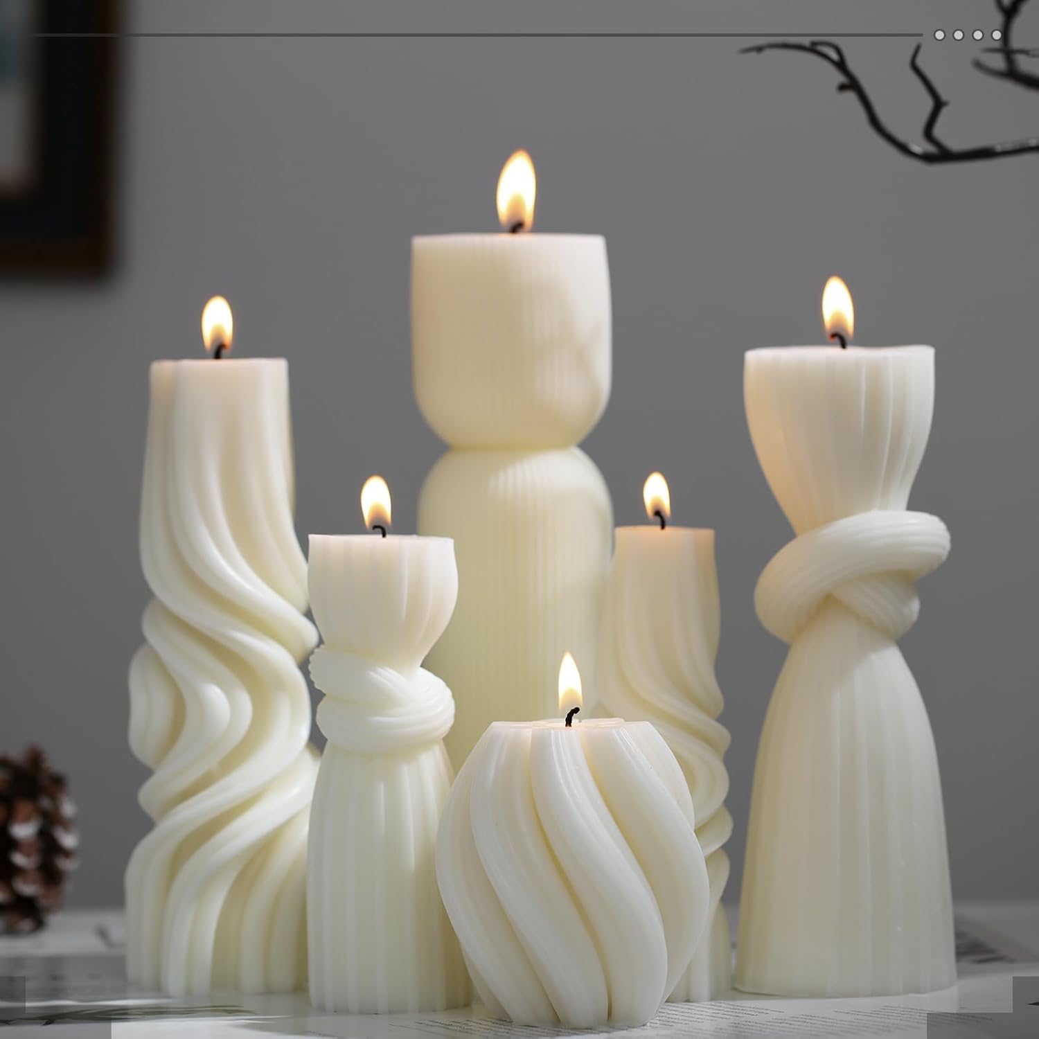 6 pcs pillar candles modern aesthetic ribbed decorative candle set cute soy wax scented ribbed decor for home(white,3.39-9.06 inch)