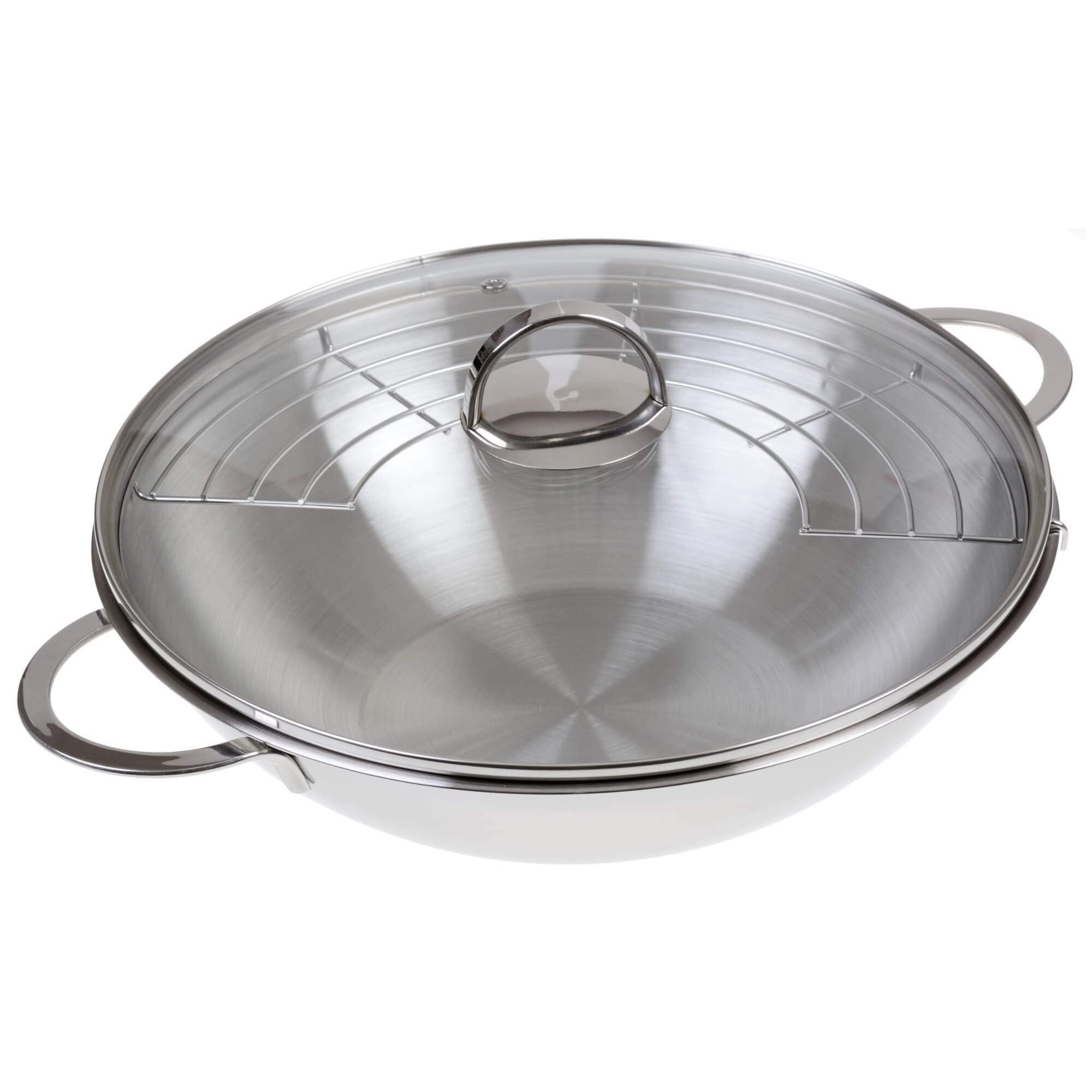 GRÄWE Wok en acier inoxydable de 32 cm avec couvercle en verre et grille de rangement