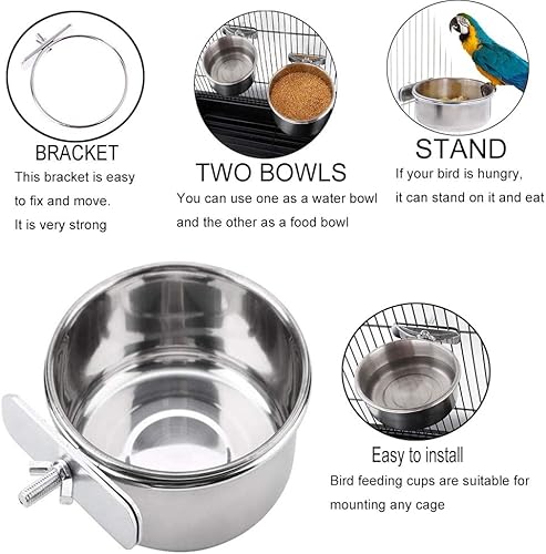 Miniatura 11 de PINVNBY Tazas de alimentación para loros, platos de comida para pájaros, comederos de loro de acero inoxidable, cuencos de jaula de agua con soporte