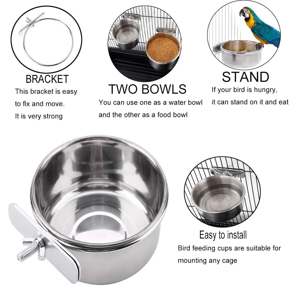 PINVNBY Parrot Feeding Cups Birds Food Dish Stainless Steel Parrot Feeders Water Cage Bowls with Clamp Holder for Cockatiel Conure Parakeet Macaw Small Animal (2PCS, Size: M) - image 6