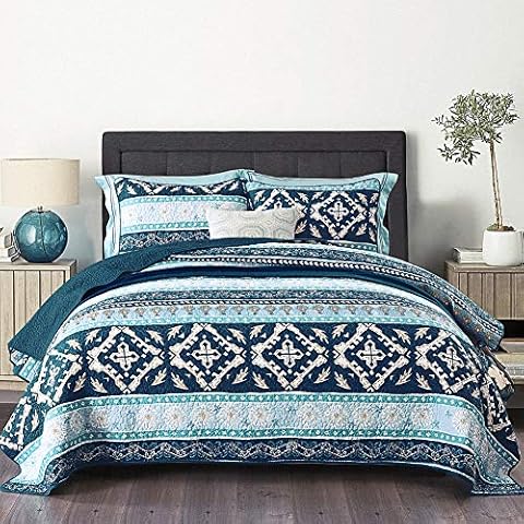NEWLAKE Cotton Bedspread Quilt Sets-Reversible Patchwork Coverlet Set, Boho Chic Pattern Bundle Cover