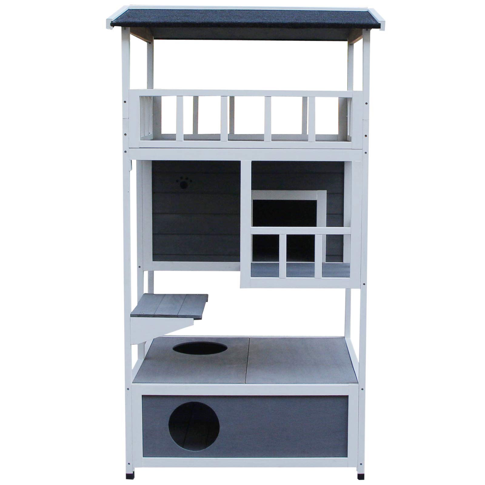 Pawhut Casa para gatos de madera de abeto con gran espacio de 4 niveles y espacio extraíble para arena, 78 x 76 x 140 cm, gris y blanco