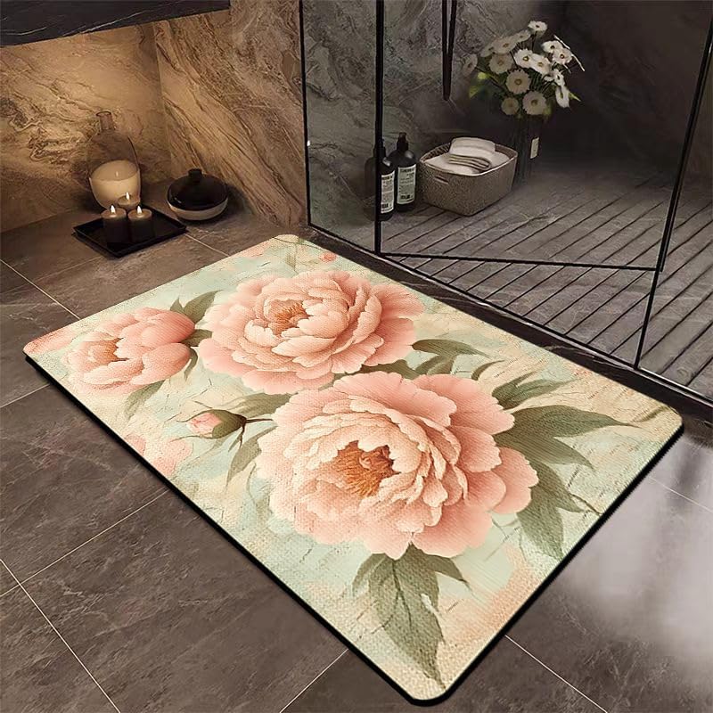 Tapis de bain super absorbant 50x80 cm antidérapant fleurs roses